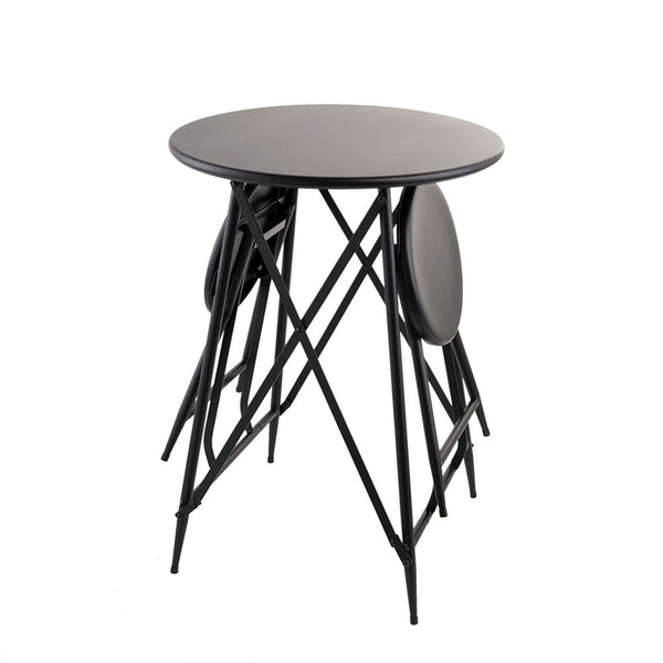 Stowable Folding Side Table, 2 Stool Set, Round Top, Black Iron Cross Base - BM350041