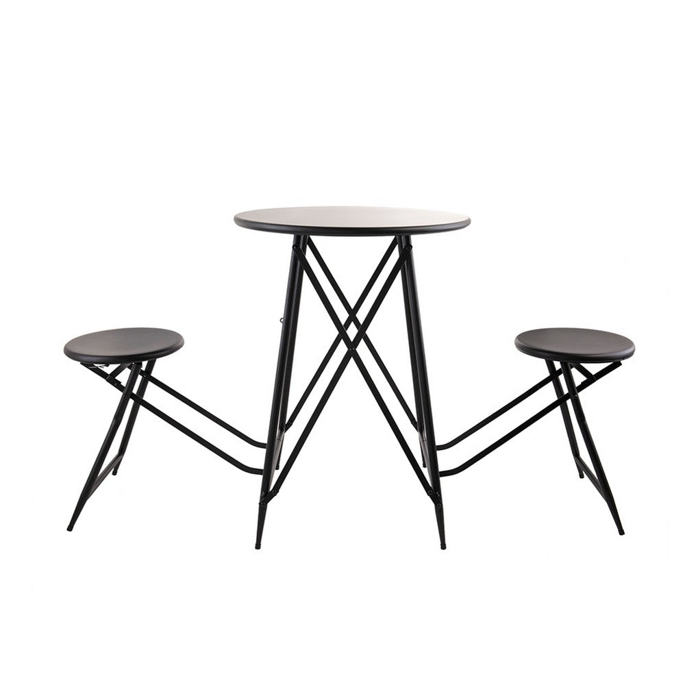 Stowable Folding Side Table, 2 Stool Set, Round Top, Black Iron Cross Base - BM350041