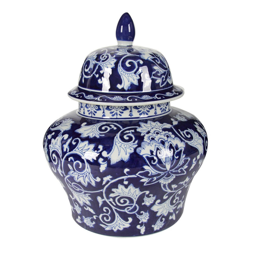 Lina Ginger Jar, Floral and Scroll Design, Blue and White Porcelain 17 Inch - BM350042
