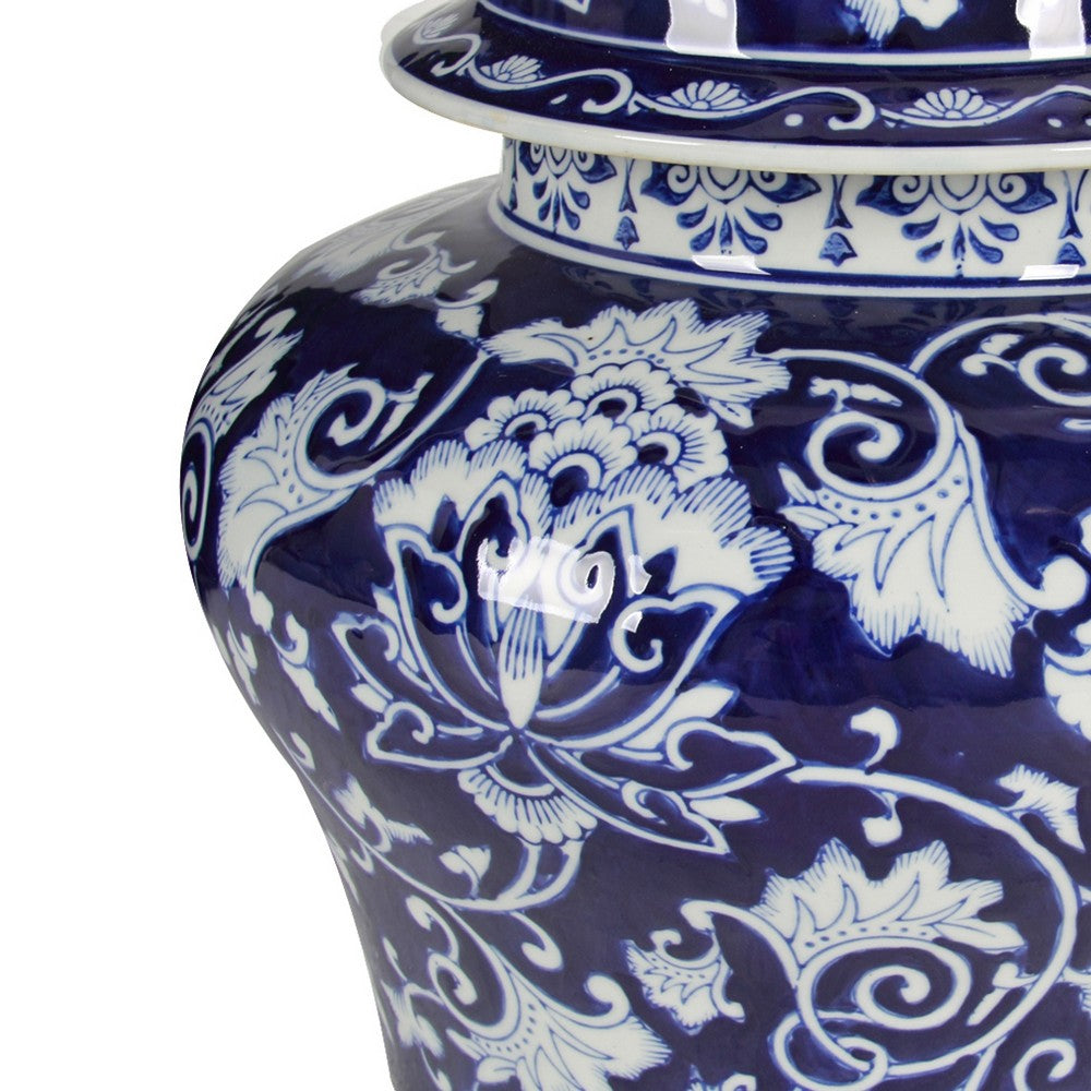 Lina Ginger Jar, Floral and Scroll Design, Blue and White Porcelain 17 Inch - BM350042