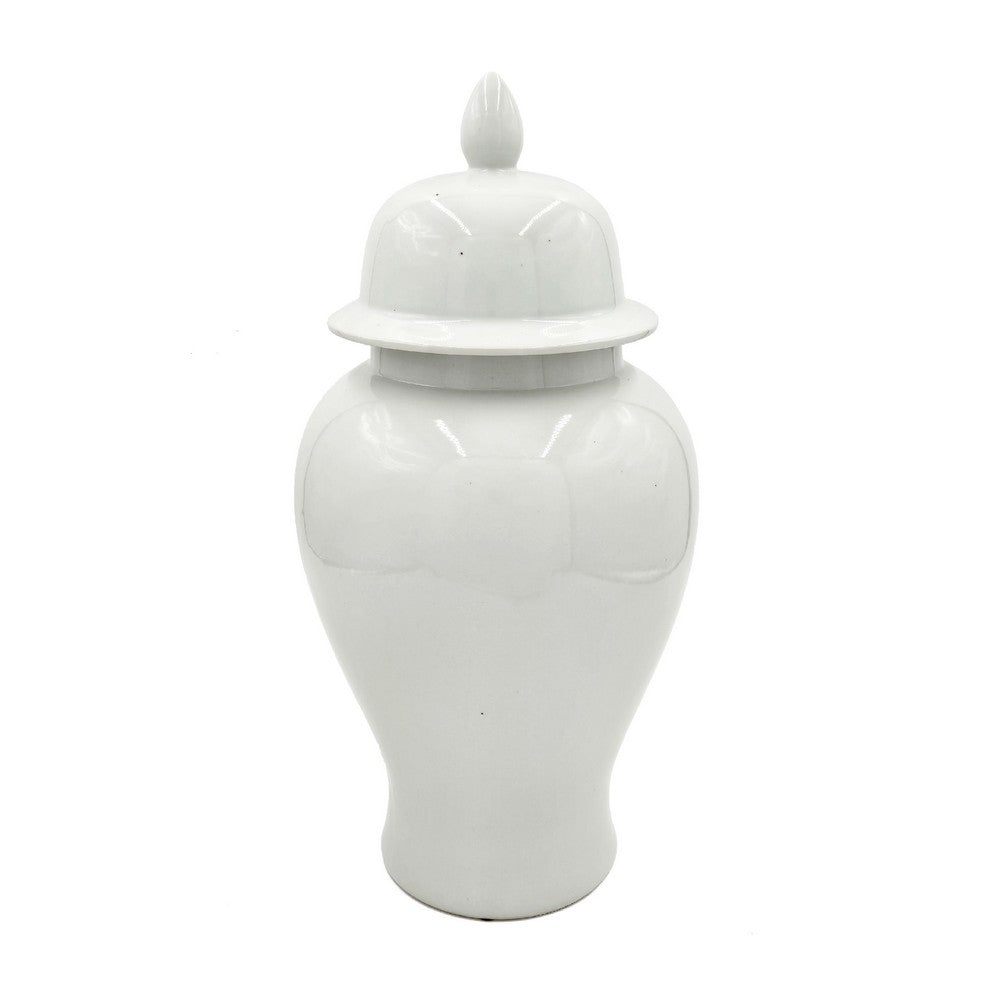 Ginger Jar with Domed Lid and Finial, Tapered Body, White Porcelain 20 Inch - BM350044