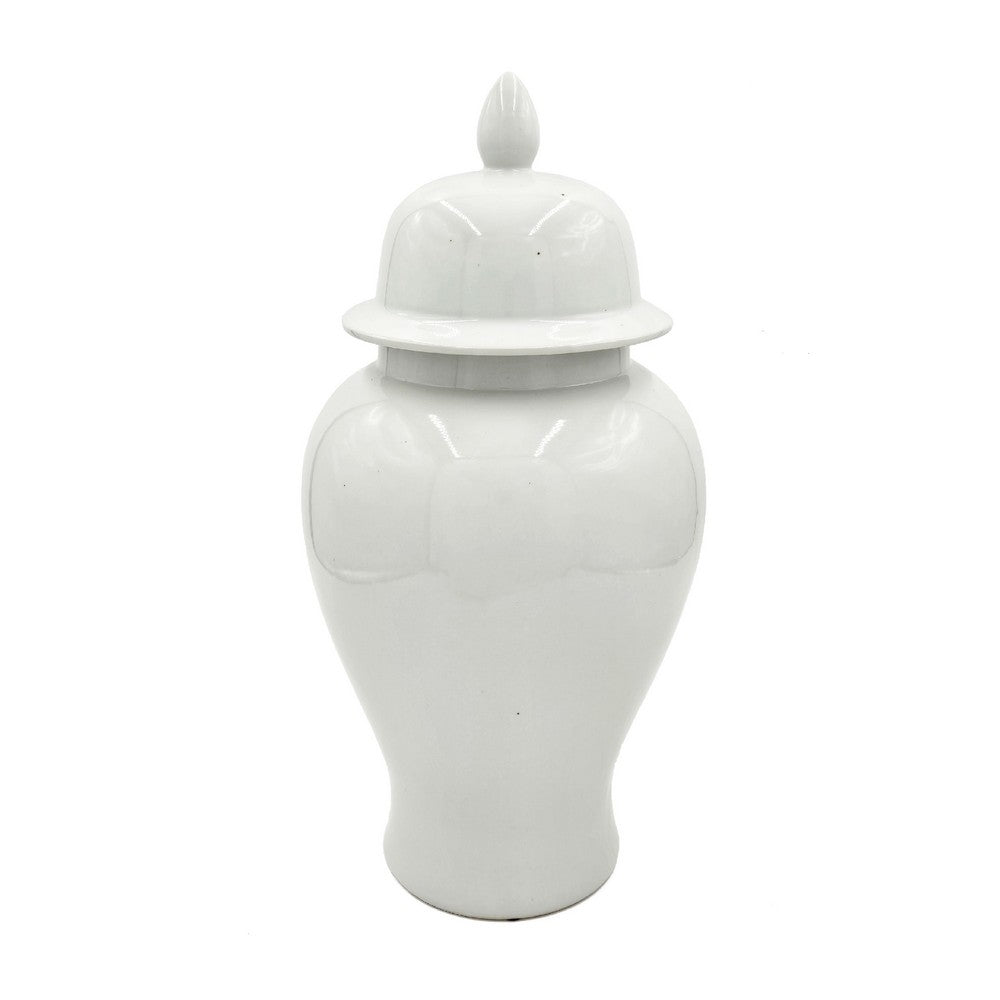 Ginger Jar with Domed Lid and Finial, Tapered Body, White Porcelain 20 Inch - BM350044