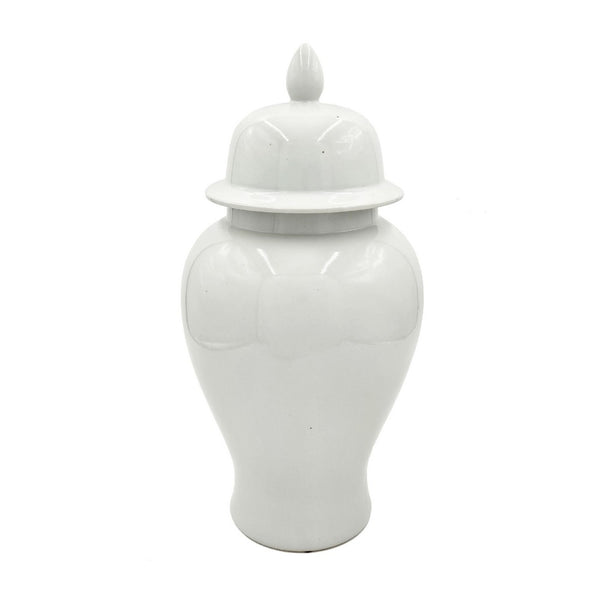 Ginger Jar with Domed Lid and Finial, Tapered Body, White Porcelain 20 Inch - BM350044