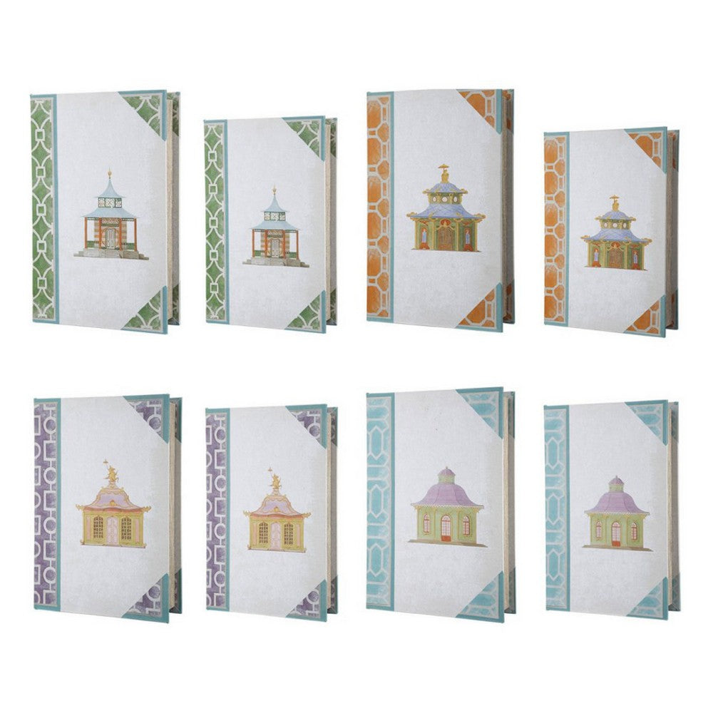 Meer Book Storage Box Set of 8, Chinoiserie Architectural Design, White - BM350051