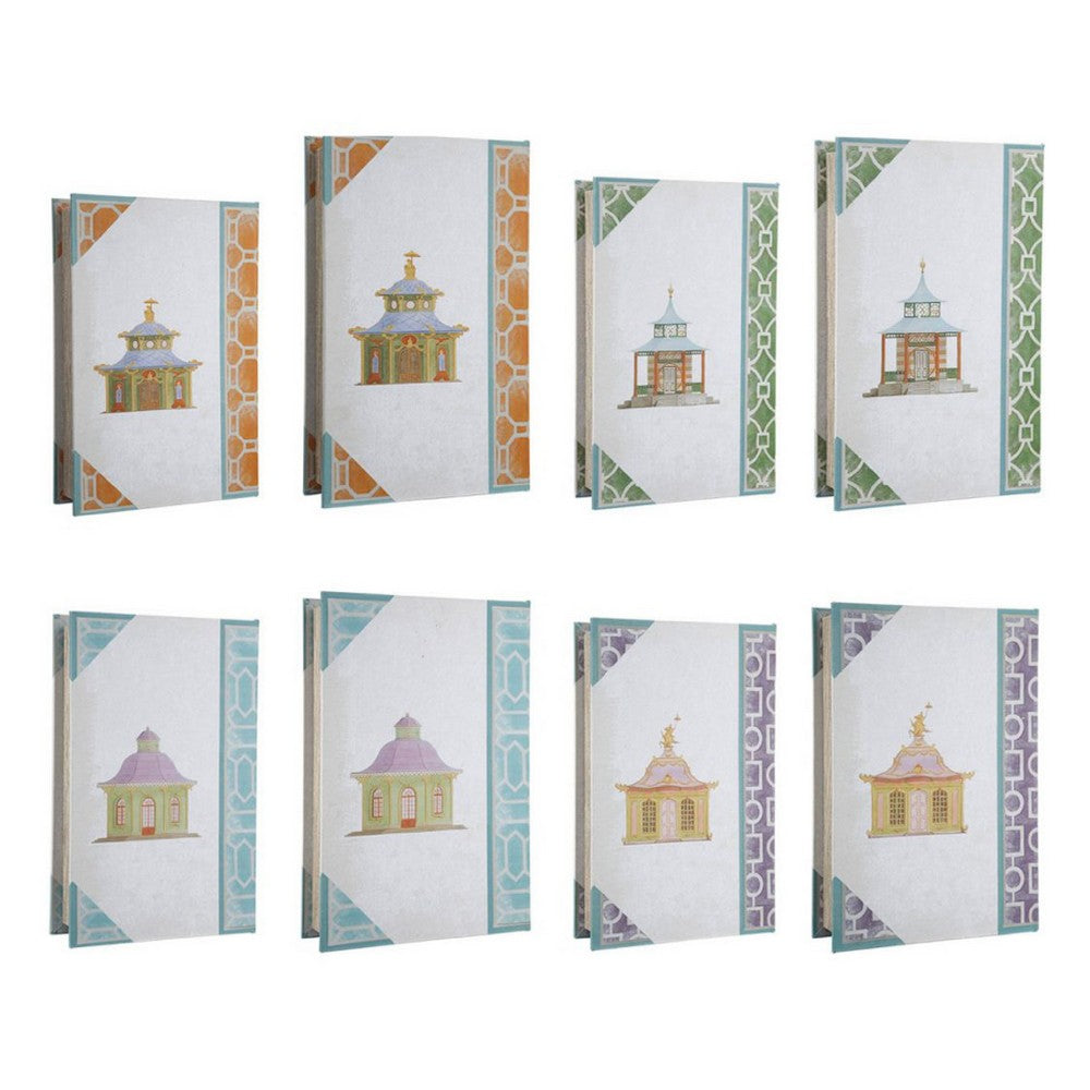 Meer Book Storage Box Set of 8, Chinoiserie Architectural Design, White - BM350051