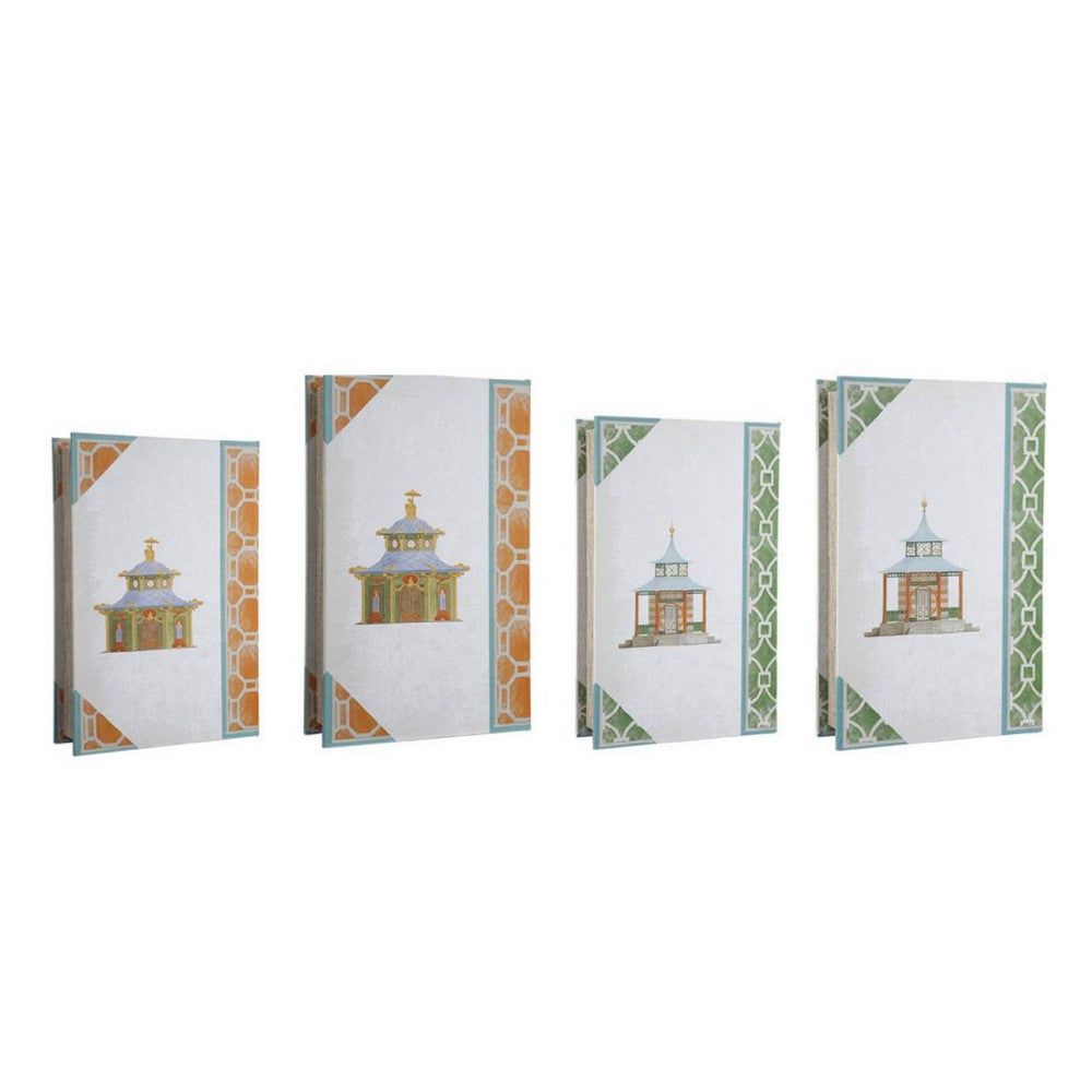 Meer Book Storage Box Set of 8, Chinoiserie Architectural Design, White - BM350051