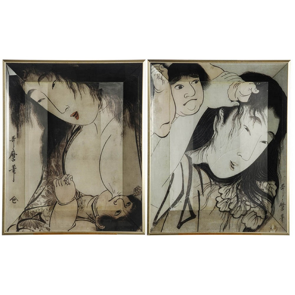 Decorative Serving Tray Set of 2, Japanese Black and White Glass Print - BM350054
