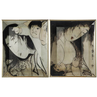 Decorative Serving Tray Set of 2, Japanese Black and White Glass Print - BM350054