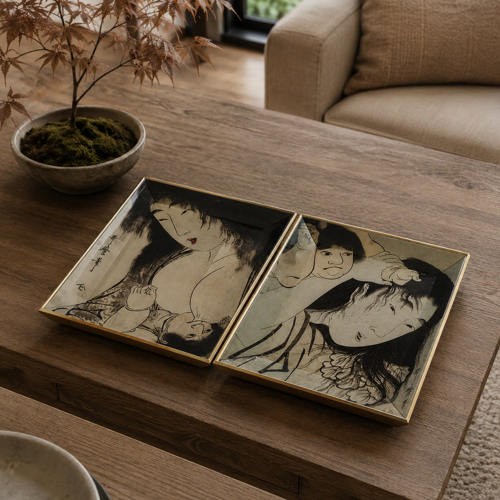 Decorative Serving Tray Set of 2, Japanese Black and White Glass Print - BM350054