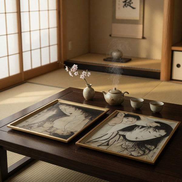 Decorative Serving Tray Set of 2, Japanese Black and White Glass Print - BM350054