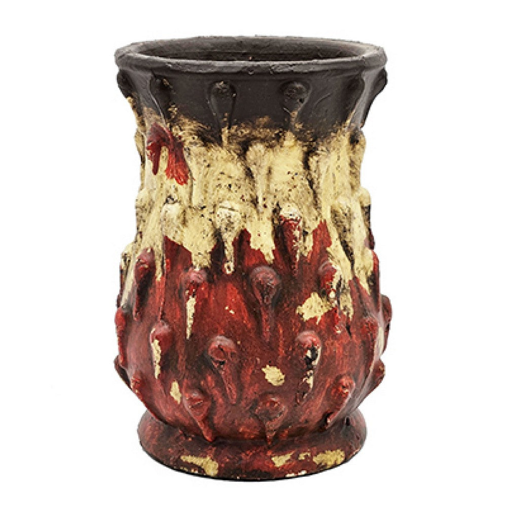 Decorative Flower Vase, 10 Inch Textured Red Cream and Brown Terracotta - BM350056