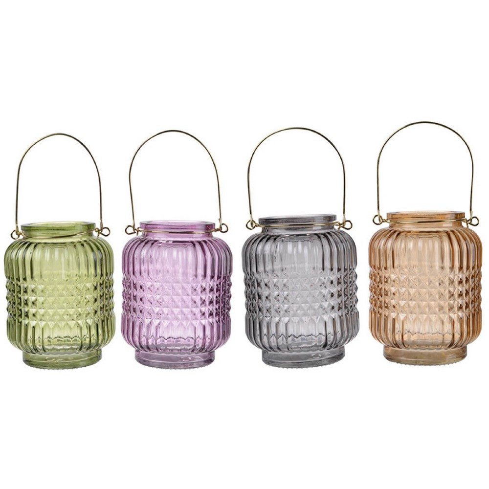 Aly Colorful Candle Holder Set of 4, Cut Glass Jars with Iron Handles - BM350058