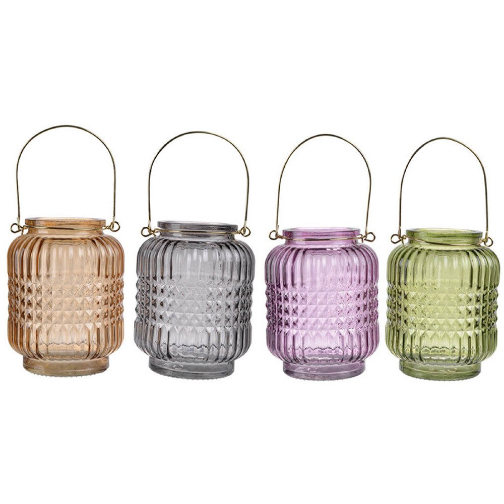 Aly Colorful Candle Holder Set of 4, Cut Glass Jars with Iron Handles - BM350058