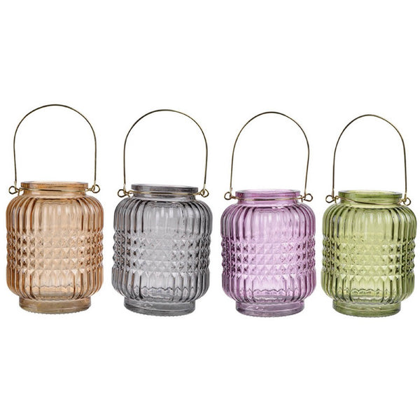 Aly Colorful Candle Holder Set of 4, Cut Glass Jars with Iron Handles - BM350058