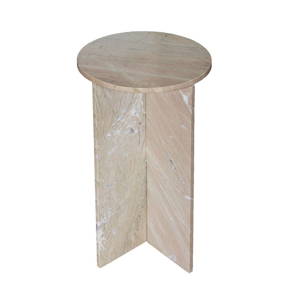 Levi Side End Table, 15 Inch Round Top, Geometric Gray Marble Base - BM350068