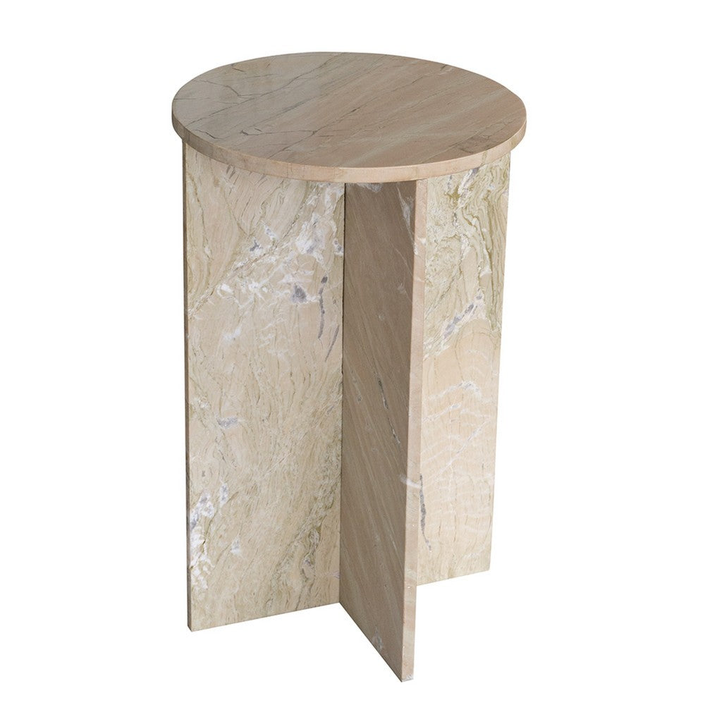 Levi Side End Table, 15 Inch Round Top, Geometric Gray Marble Base - BM350068