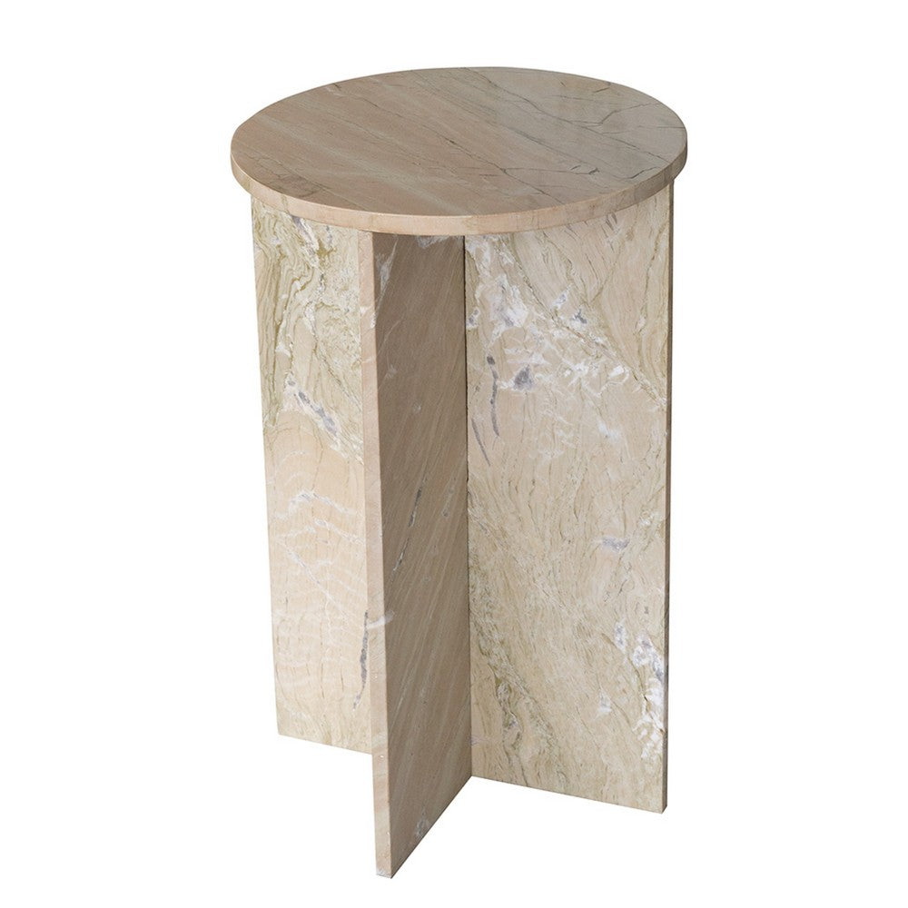 Levi Side End Table, 15 Inch Round Top, Geometric Gray Marble Base - BM350068