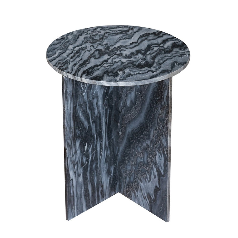 Levi Side End Table, 20 Inch Round Top, Geometric Black Marble Base - BM350069