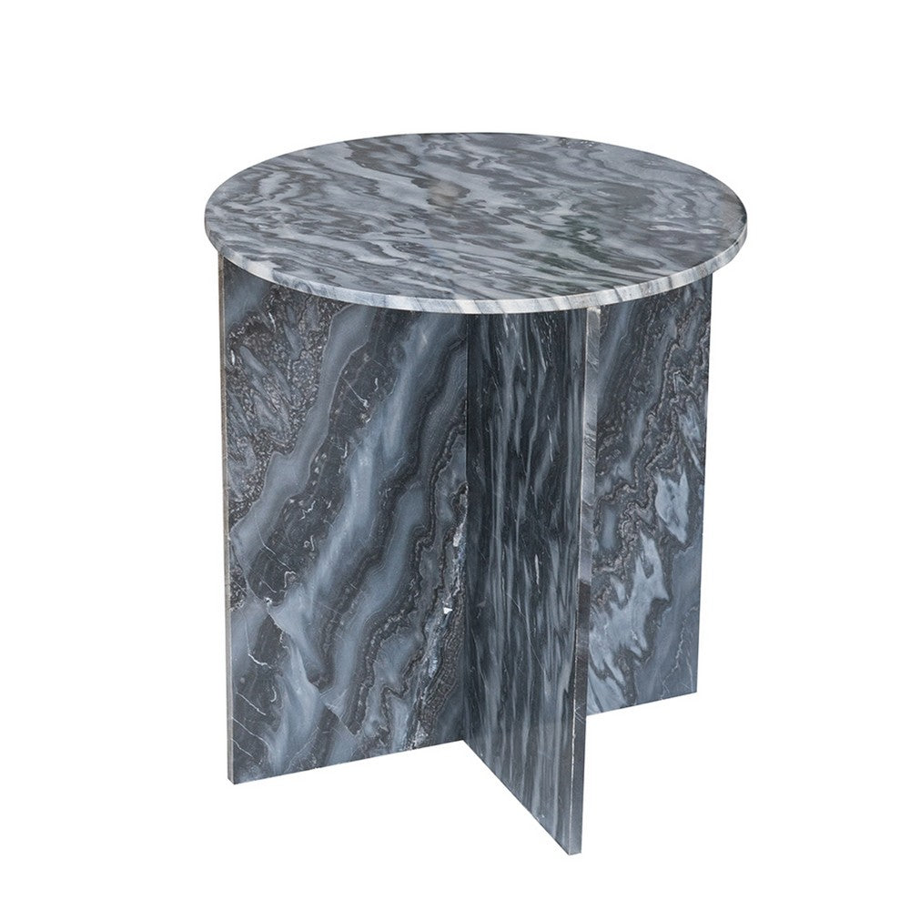 Levi Side End Table, 20 Inch Round Top, Geometric Black Marble Base - BM350069
