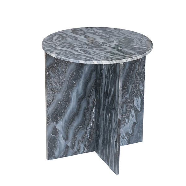 Levi Side End Table, 20 Inch Round Top, Geometric Black Marble Base - BM350069