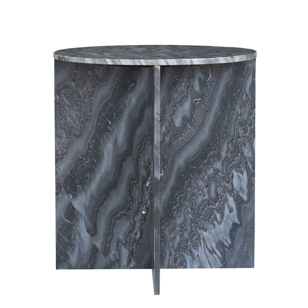 Levi Side End Table, 20 Inch Round Top, Geometric Black Marble Base - BM350069