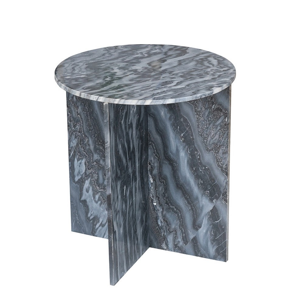 Levi Side End Table, 20 Inch Round Top, Geometric Black Marble Base - BM350069