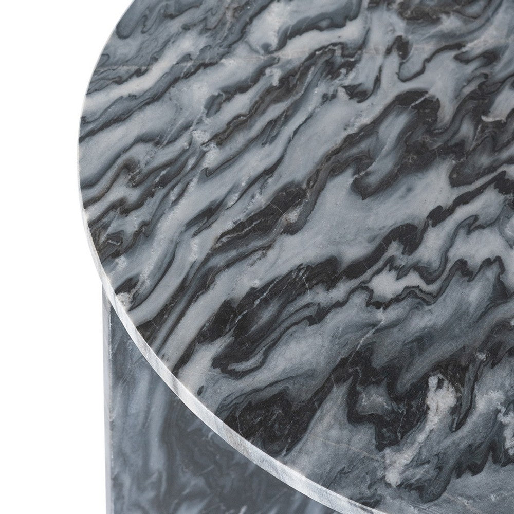 Levi Side End Table, 20 Inch Round Top, Geometric Black Marble Base - BM350069