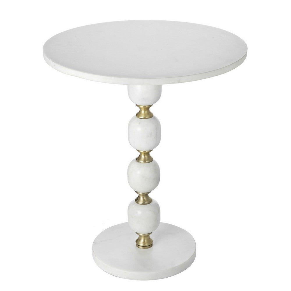 Siny Side End Table, 15 Inch Round Top, White, Gold Stacked Balls Base - BM350072