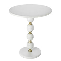 Siny Side End Table, 15 Inch Round Top, White, Gold Stacked Balls Base - BM350072