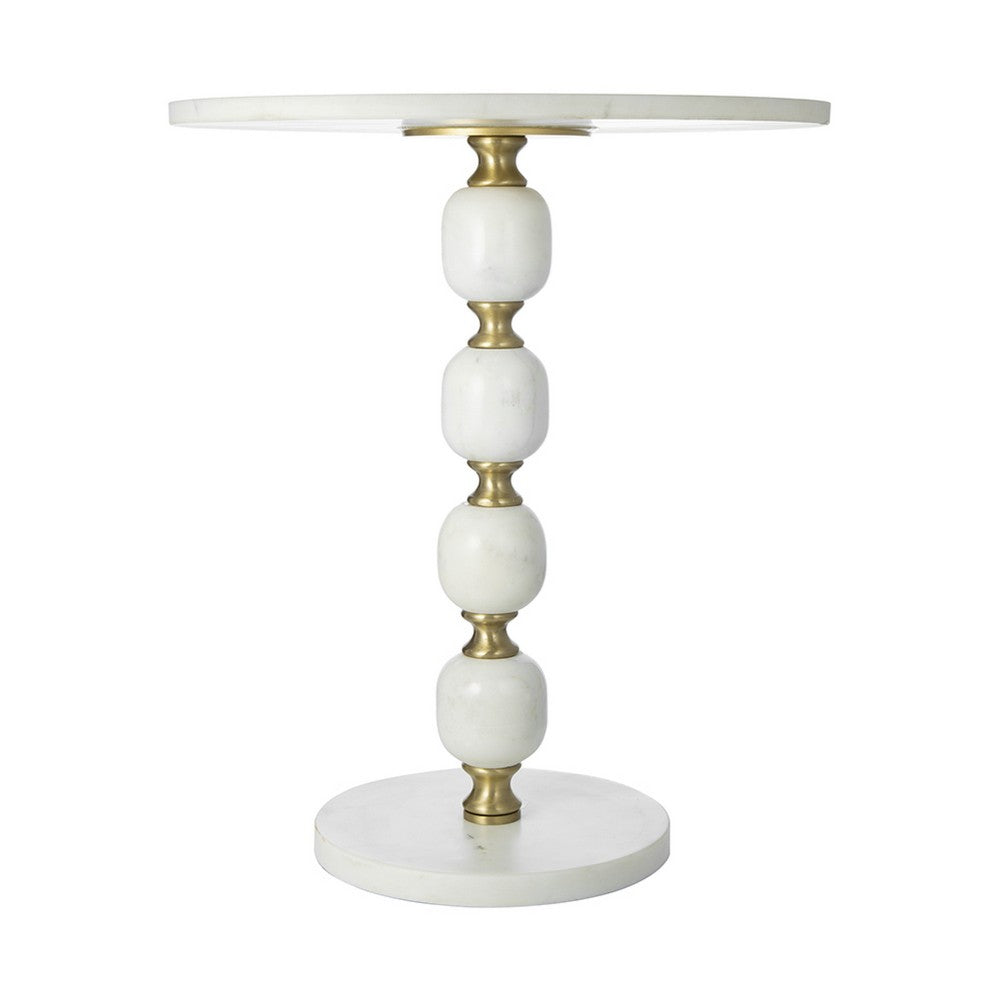 Siny Side End Table, 15 Inch Round Top, White, Gold Stacked Balls Base - BM350072