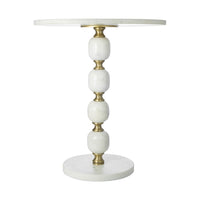 Siny Side End Table, 15 Inch Round Top, White, Gold Stacked Balls Base - BM350072