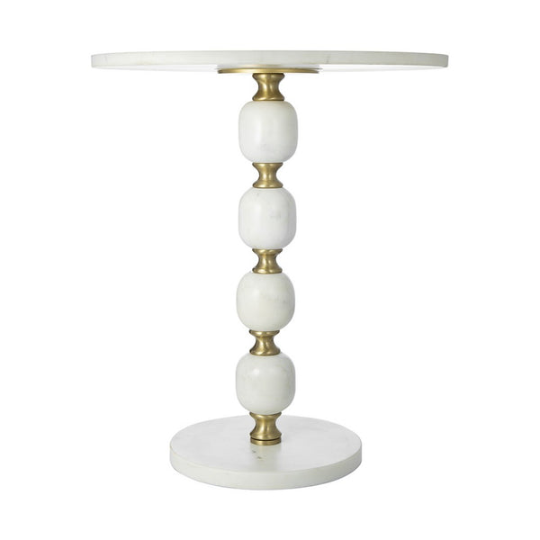 Siny Side End Table, 15 Inch Round Top, White, Gold Stacked Balls Base - BM350072