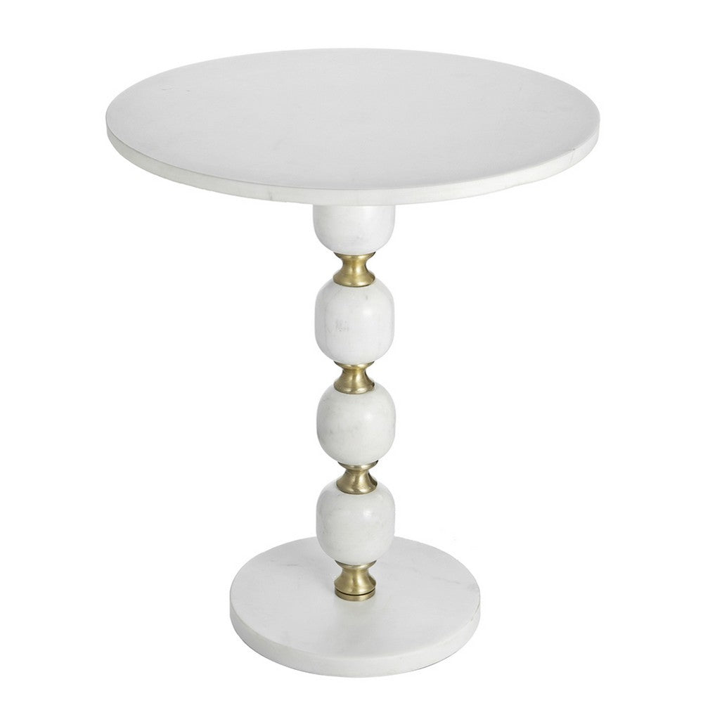 Siny Side End Table, 15 Inch Round Top, White, Gold Stacked Balls Base - BM350072