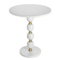 Siny Side End Table, 15 Inch Round Top, White, Gold Stacked Balls Base - BM350072