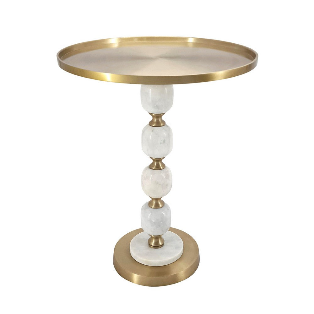 Siny Side End Table, 16 Inch Round Top, White, Gold Stacked Balls Base - BM350073
