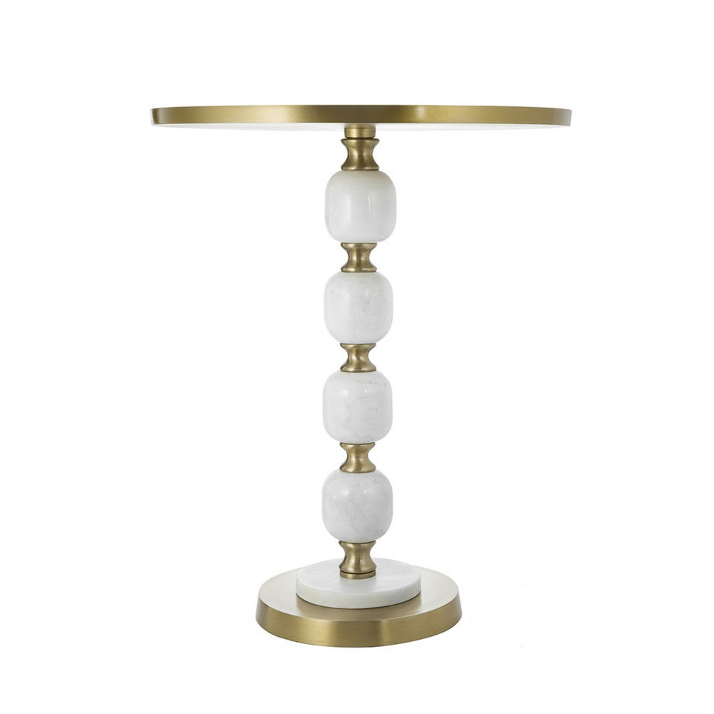 Siny Side End Table, 16 Inch Round Top, White, Gold Stacked Balls Base - BM350073