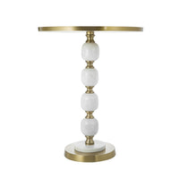 Siny Side End Table, 16 Inch Round Top, White, Gold Stacked Balls Base - BM350073