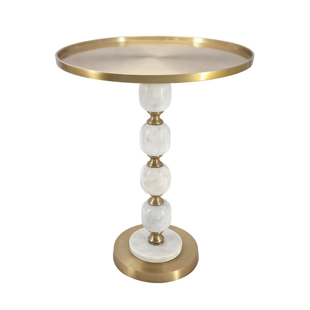 Siny Side End Table, 16 Inch Round Top, White, Gold Stacked Balls Base - BM350073