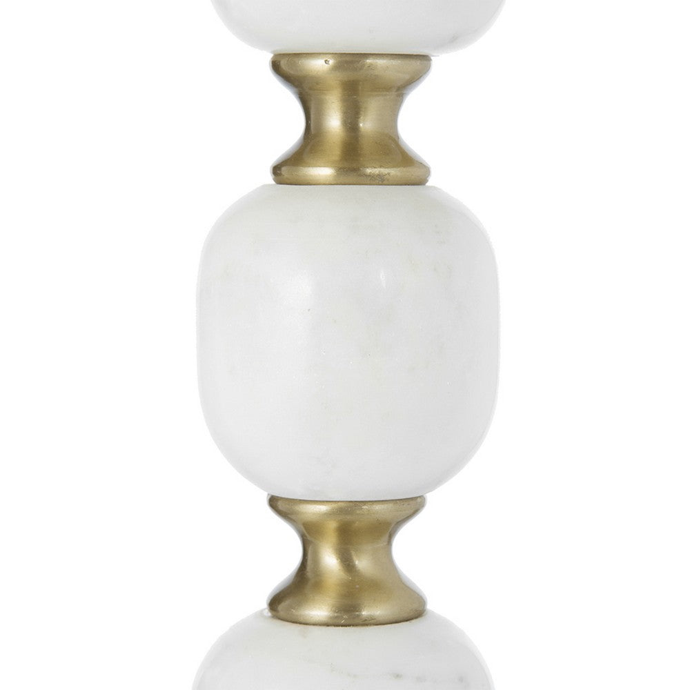 Siny Side End Table, 16 Inch Round Top, White, Gold Stacked Balls Base - BM350073