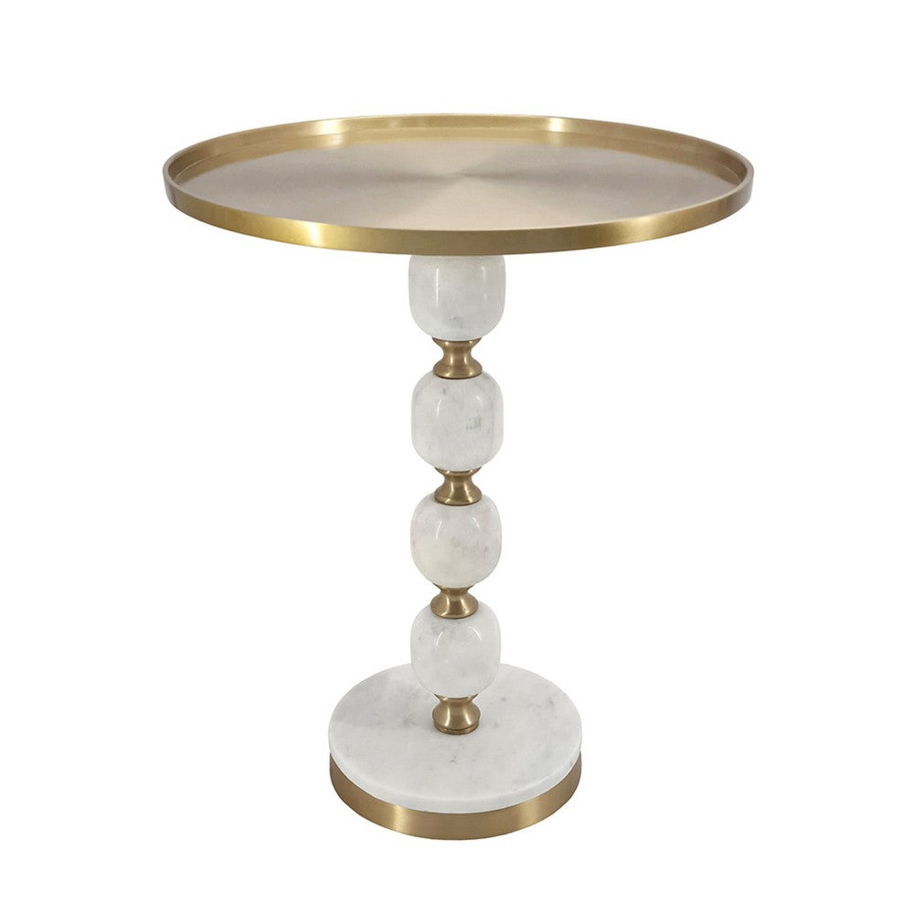 Siny Accent Side End Table, 16 Inch Round White, Gold Stacked Balls Base - BM350074