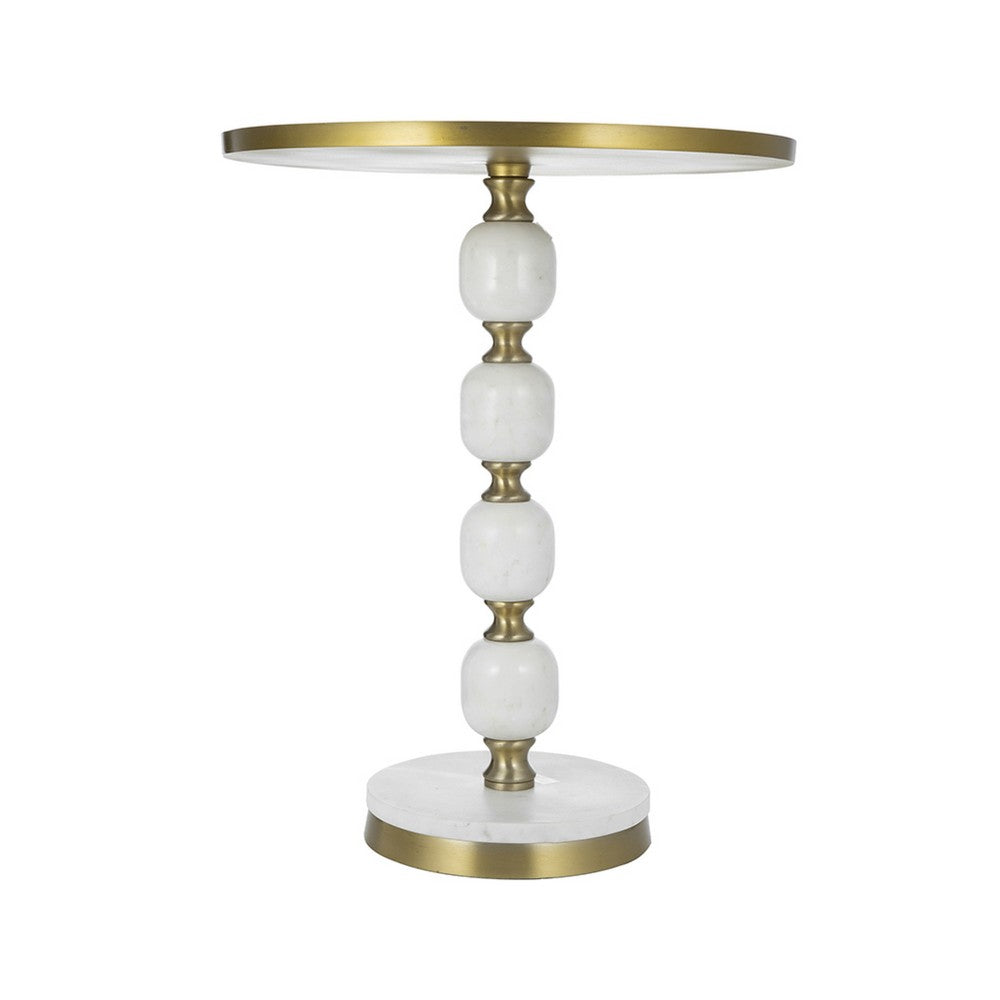 Siny Accent Side End Table, 16 Inch Round White, Gold Stacked Balls Base - BM350074