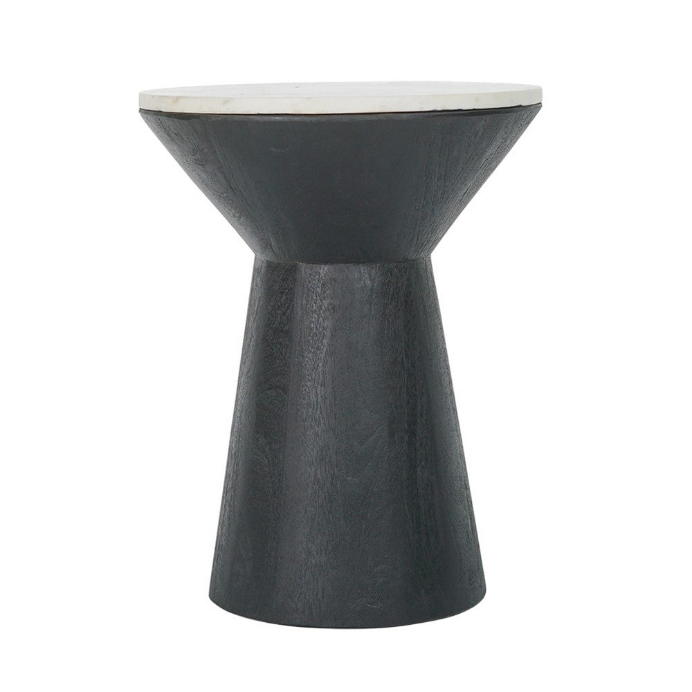 Peny Side End Table, 16 Inch White Marble Top, Black Angled Pedestal Base - BM350075