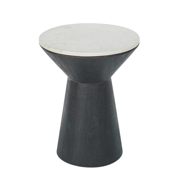 Peny Side End Table, 16 Inch White Marble Top, Black Angled Pedestal Base - BM350075