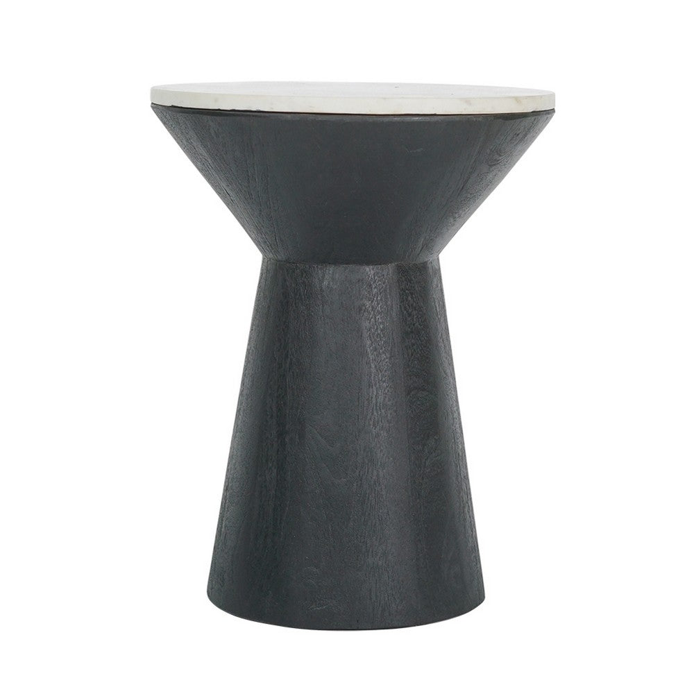 Peny Side End Table, 16 Inch White Marble Top, Black Angled Pedestal Base - BM350075