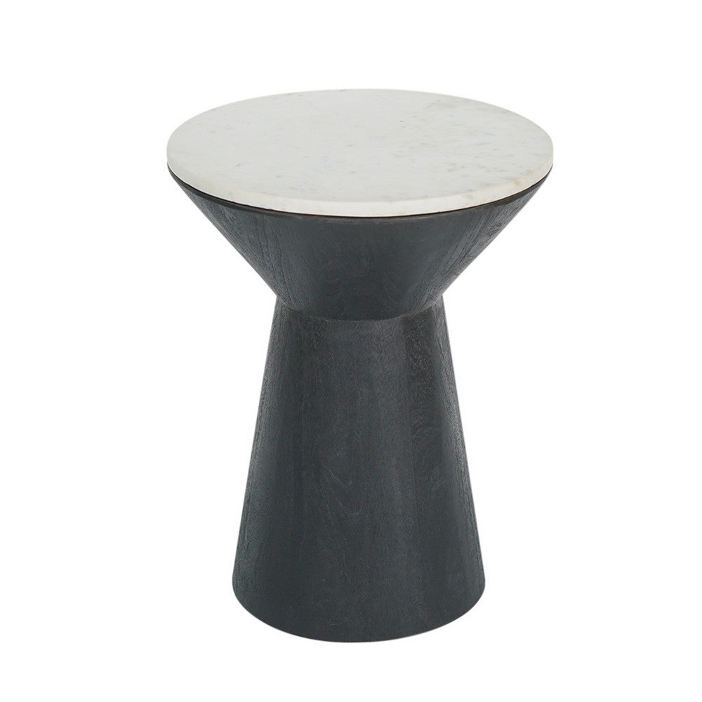 Peny Side End Table, 16 Inch White Marble Top, Black Angled Pedestal Base - BM350075