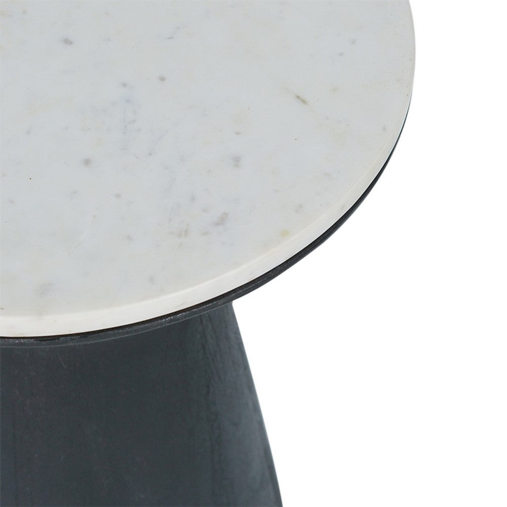 Peny Side End Table, 16 Inch White Marble Top, Black Angled Pedestal Base - BM350075