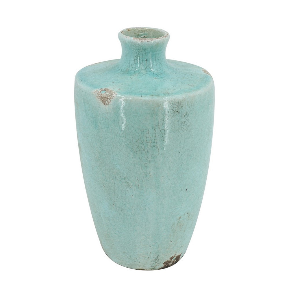 Tery Decorative Flower Vase, 10 Inch, Glazed Blue Patina Terracotta - BM350076