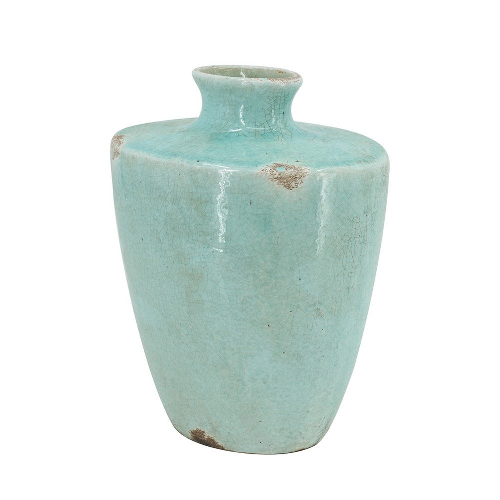Tery Decorative Flower Vase, 10 Inch, Glazed Blue Patina Terracotta - BM350076