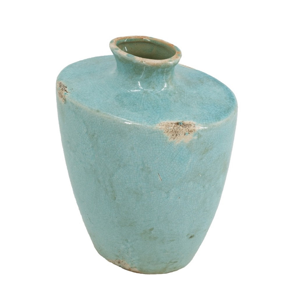 Tery Decorative Flower Vase, 10 Inch, Glazed Blue Patina Terracotta - BM350076