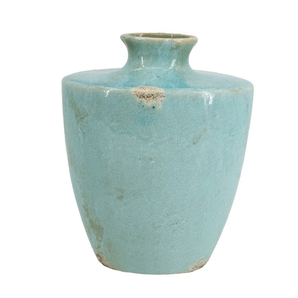 Tery Decorative Flower Vase, 10 Inch, Glazed Blue Patina Terracotta - BM350076